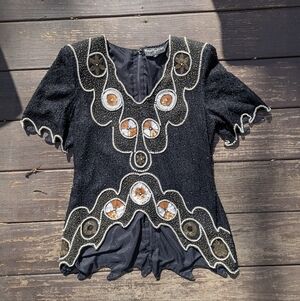 Vintage 80s Silk Black Beaded and Sequid Party Top